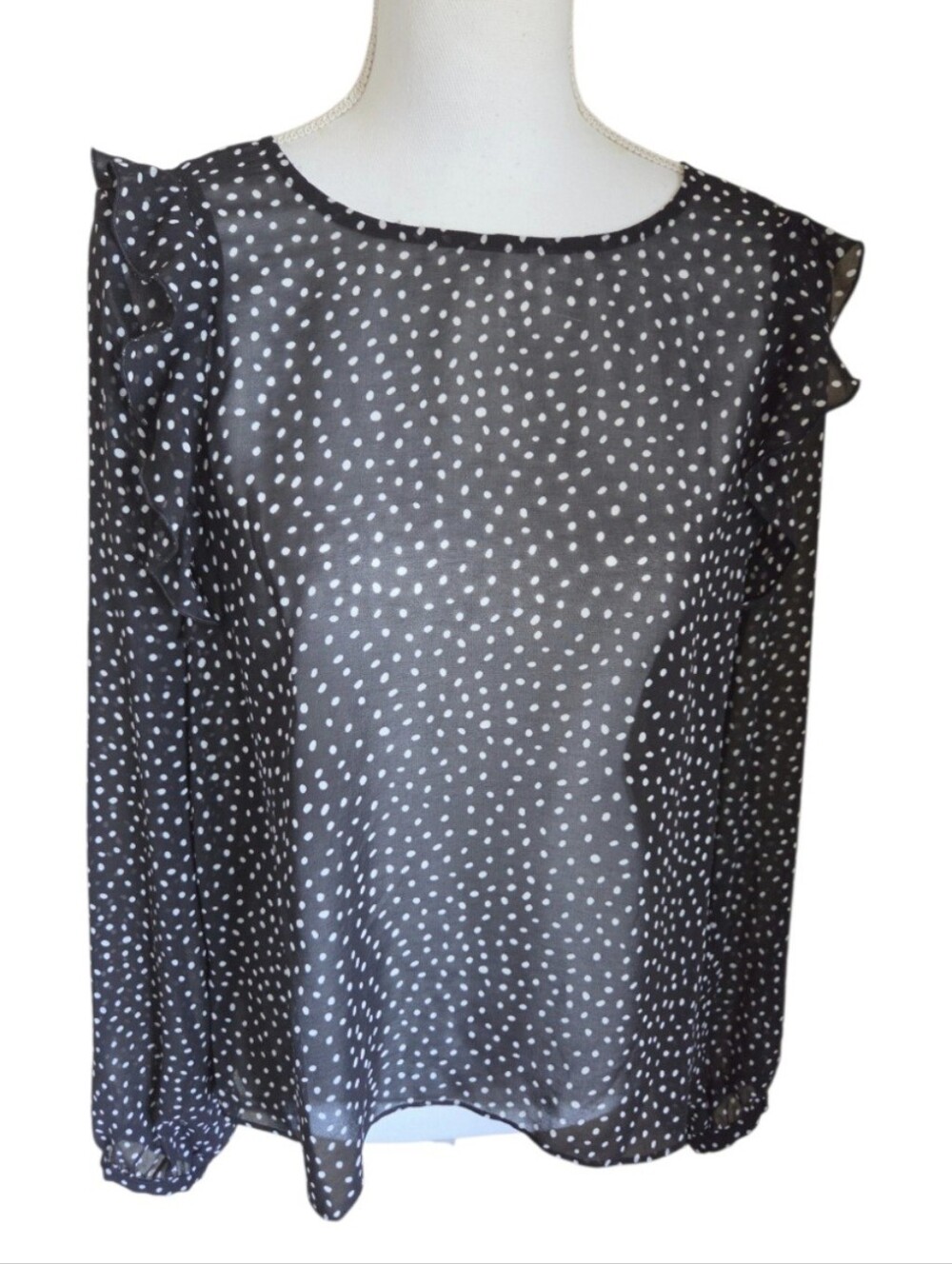 cabi women's black & white sheer polka dot sinatra blouse style 3956 size S
